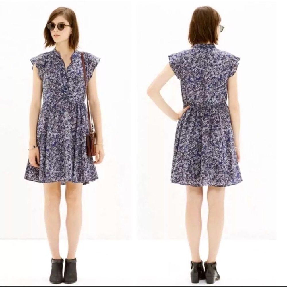 Madewell 100% Silk Blue Newsprint Floral Ruffle Cap Sleeve Silk Dress Womens 10